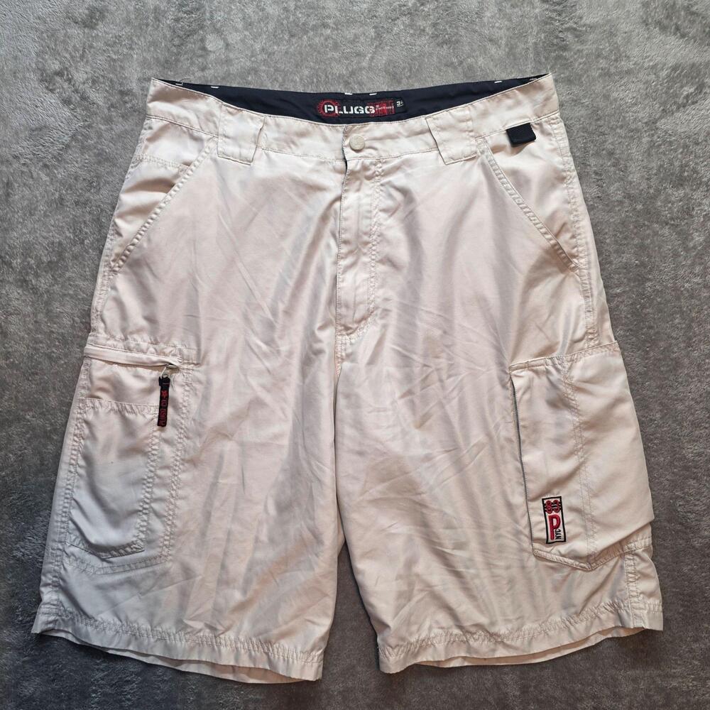Plugg Cargo Shorts Mens 34 Beige Polyester Microfiber Skull Pocket Lining Summer